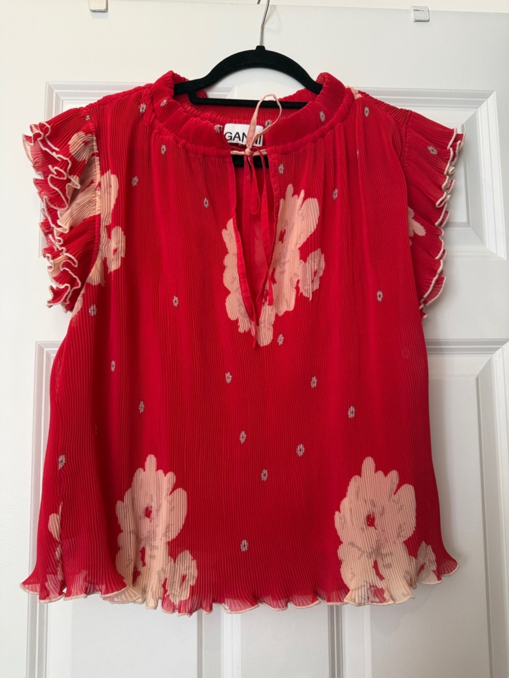 Ganni Red Floral Pleated Ruffle Sleeve Blouse